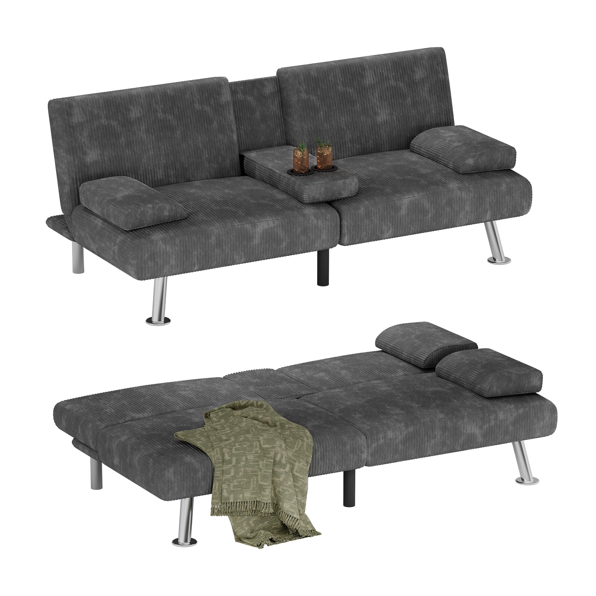 Homall Futon Sofa Bed with Armrests and Cup Holders,Adjustable Backrest Angles,Convertible bed,Gray