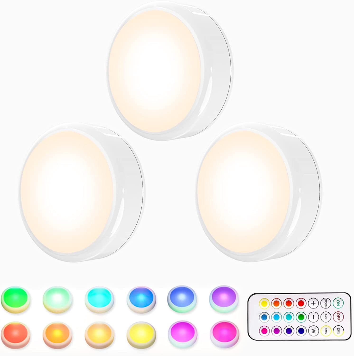 RGHJAR-LED Puck Lights with Remote, 3 Pack Color Changing RGBW Stick-On Light, Battery Powered, Dimmable Under Cabinet Lighting with Timer & Memory, Wireless Push Lights for Kitchen & Closet