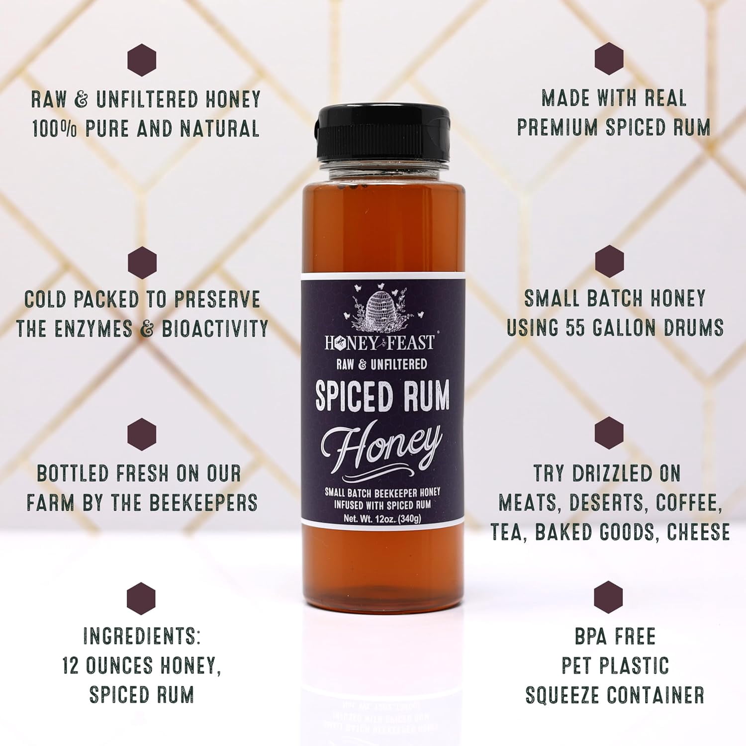 HONEY FEAST Spiced Rum Honey Jars 12oz (Pack of 3) | Multi-Pack Flavored Honey | Unique Gourmet Gift