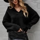 thumbnail image 2 of Suéter de punto para mujer, cuello en V, manga larga, color puro, grueso, transpirable, suelto, color negro S, 2 of 6