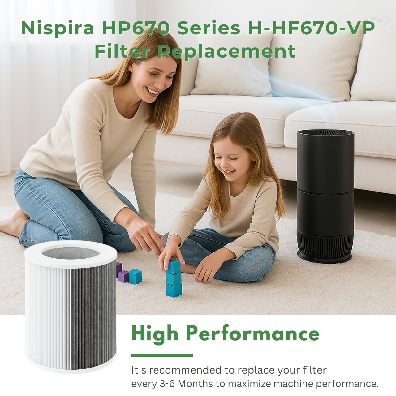 Nispira HP670 True HEPA Replacement Filter Set Compatible with Hunter HP670 Large Tower Air Purifier, Includes 4 Carbon Pre-Filters, Compare to H-HF670-VP, 1 Set
