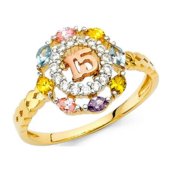14k Yellow Gold 15 Years Ring Quinceanera Band CZ Multi Color Flower Diamond Cut Stylish Size 7