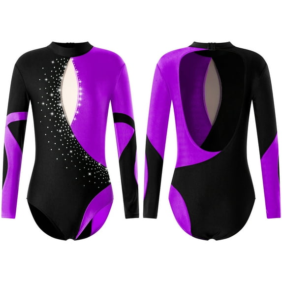 renvena Kids Girls One-Piece Sparkly Long Sleeve Athletic Gymnastics Leotards Ballet Dance Leotards Activewear