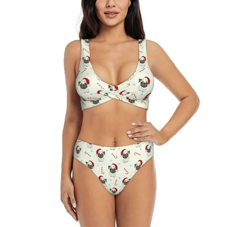 Zeuib Christmas Pug Dog High Waisted Tummy Control Bikini Set - Knot Front Push Up Top & Cheeky Thong Bottom  Two-Piece Swimsuit for Women-X-Large