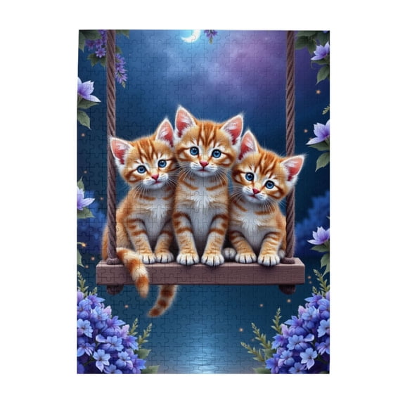 500 Piece Jigsaw Puzzle For Adults Three Kittens On A Swing Under The Moon Relaxing And Challenging Adult Puzzles Artistic Artwork Unique Home Decor Great Gift Idea
