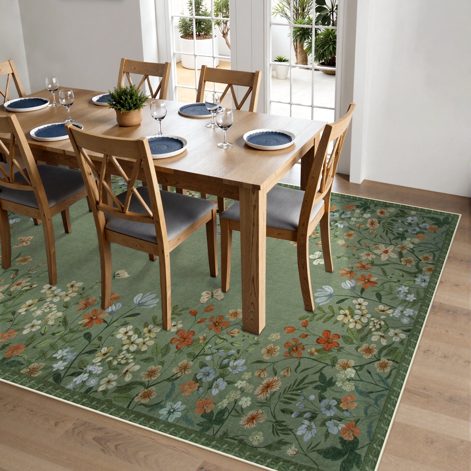 Wonnitar 6'x9' Floral Area Rugs for Living Room, Washable Rugs for Bedroom Vintage Cottagecore Accent Carpet for Dining Room Sunroom Home Office, Soft Non Slip Green