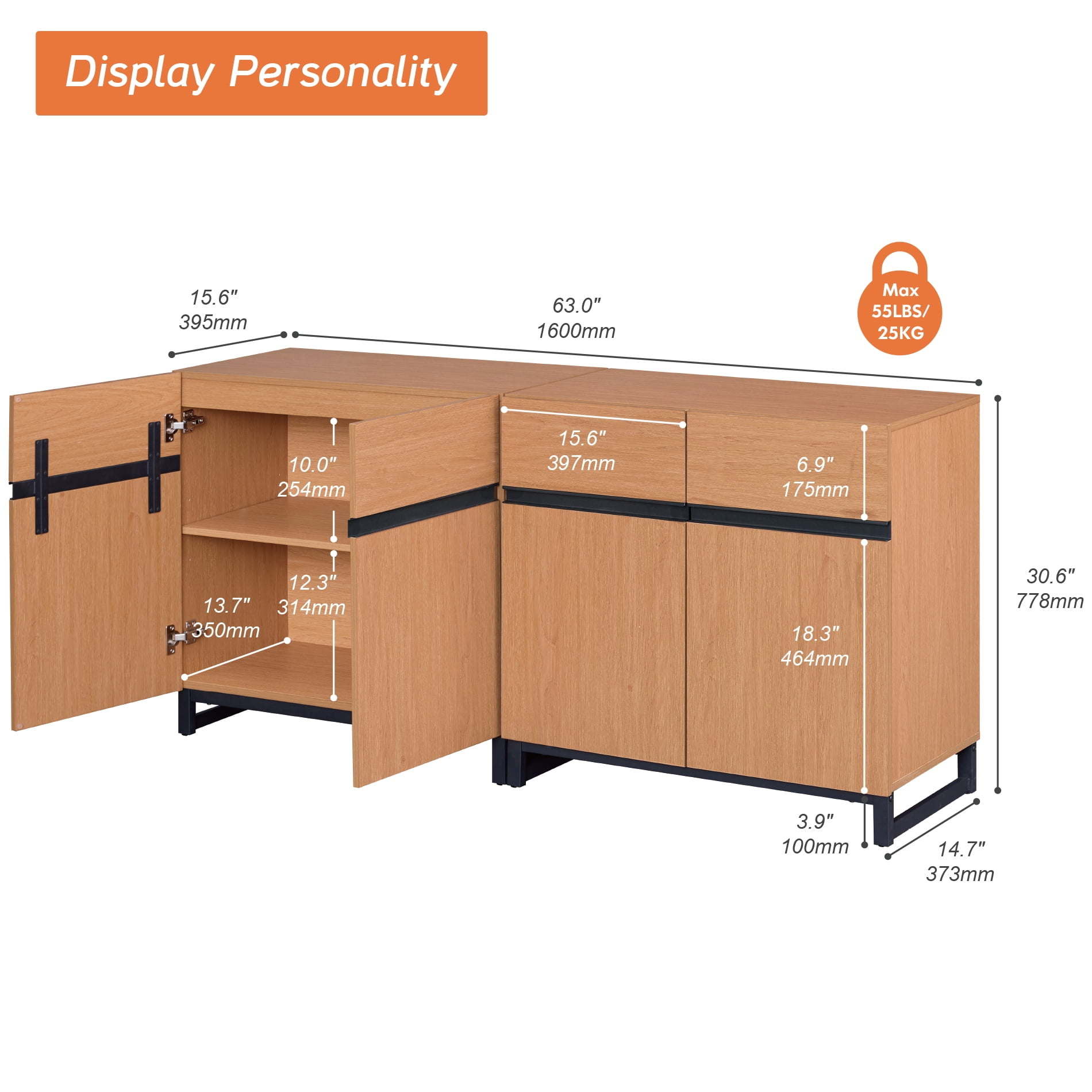 63"Modern 2-in-1 Multifunctional Sideboard Buffet with Adjustable Shelf & Metal Base, Wood Grain,Mocha