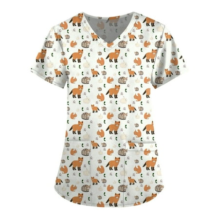 

ELFINDEA Animals Printed Pocket Scrubs Blouses for Women V Neck Short Sleeve Womens Tops