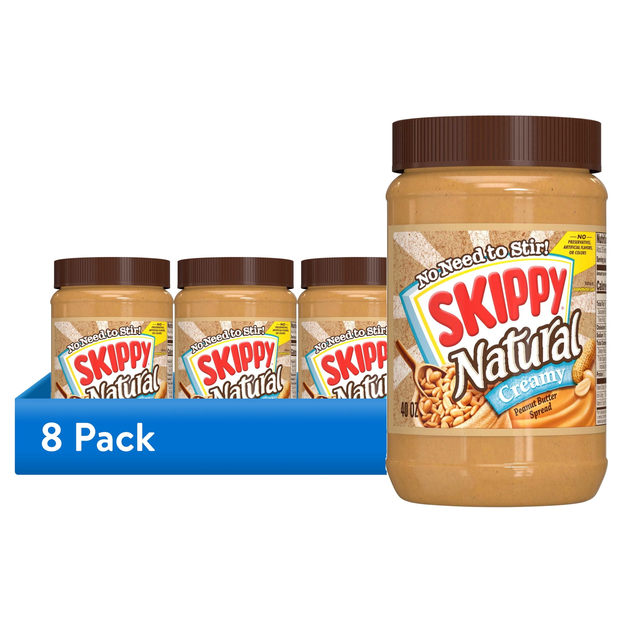 (8 pack) SKIPPY Natural Creamy Peanut Butter Spread, 7 g Protein Per Serving, Shelf-Stable, 40 oz Plastic Jar