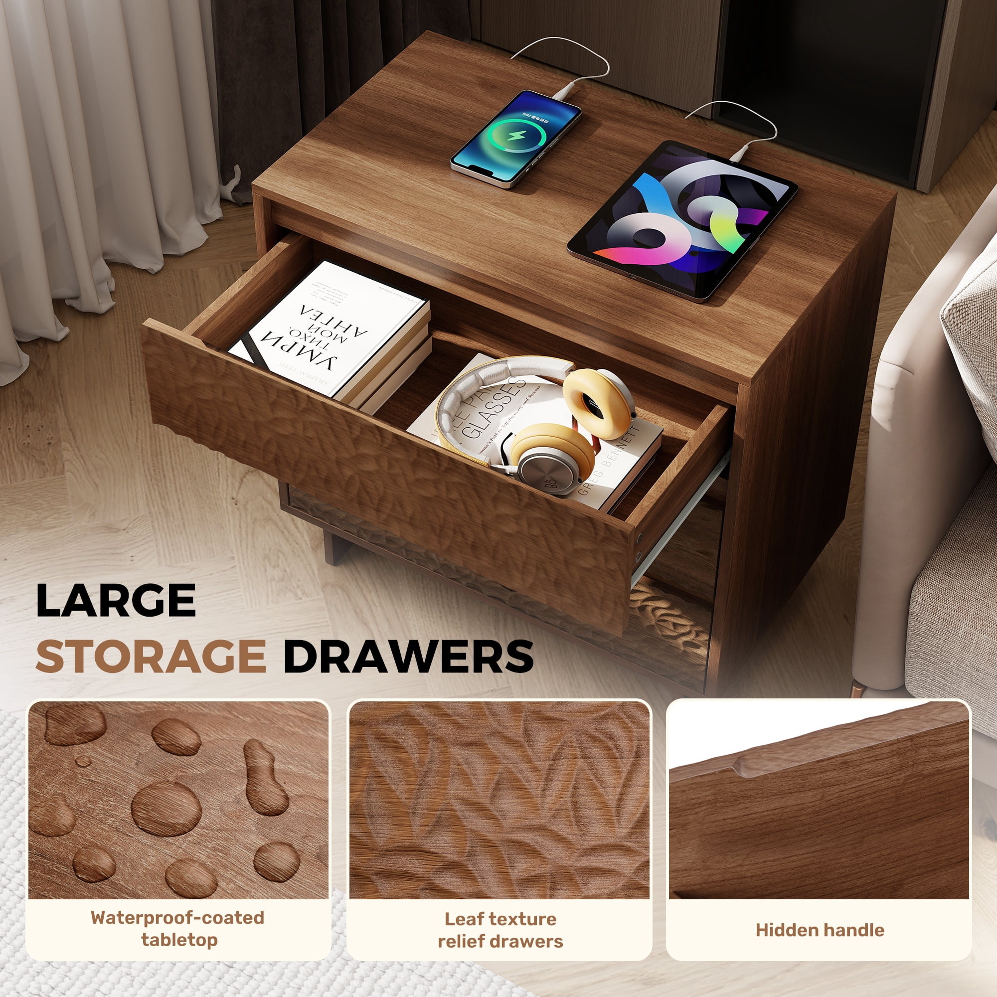MOONMISS 3 Drawers Nightstand with Charging Station, Wood Night Stand with Waterproof Table Top for Bedroom, Livingroom, Dark Walnut