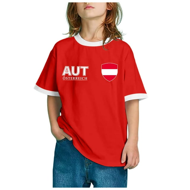 WEAIXIMIUNG T-Shirts Garçons 6 Rouge Drapeau d'Impression pour Enfants Manches Courtes Col Rond T-Shirt Tendance Mode Chemise de Base Hauts