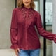 thumbnail image 2 of Blusa retro de encaje con volantes, de manga larga, color rojo oscuro, hueca, de un solo pecho y color puro, talla XL, 2 of 6