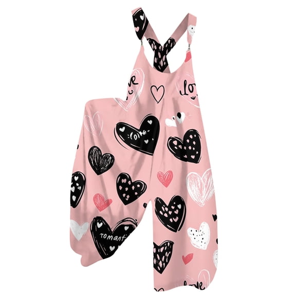 Fgvctg Valentine's Day Womens Jumpsuits Wide Leg Pant Festival Overall Love Heart Print Sleeveless Spaghetti Straps Jumpsuits Rompers Bib Overalls Oversized Sprimg Pants With Pockets Light pink XL