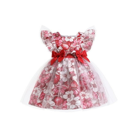 

Pfysire Kids Girls Bowknot Princess Dress Rose Print Dress Wedding Party Ball Gown