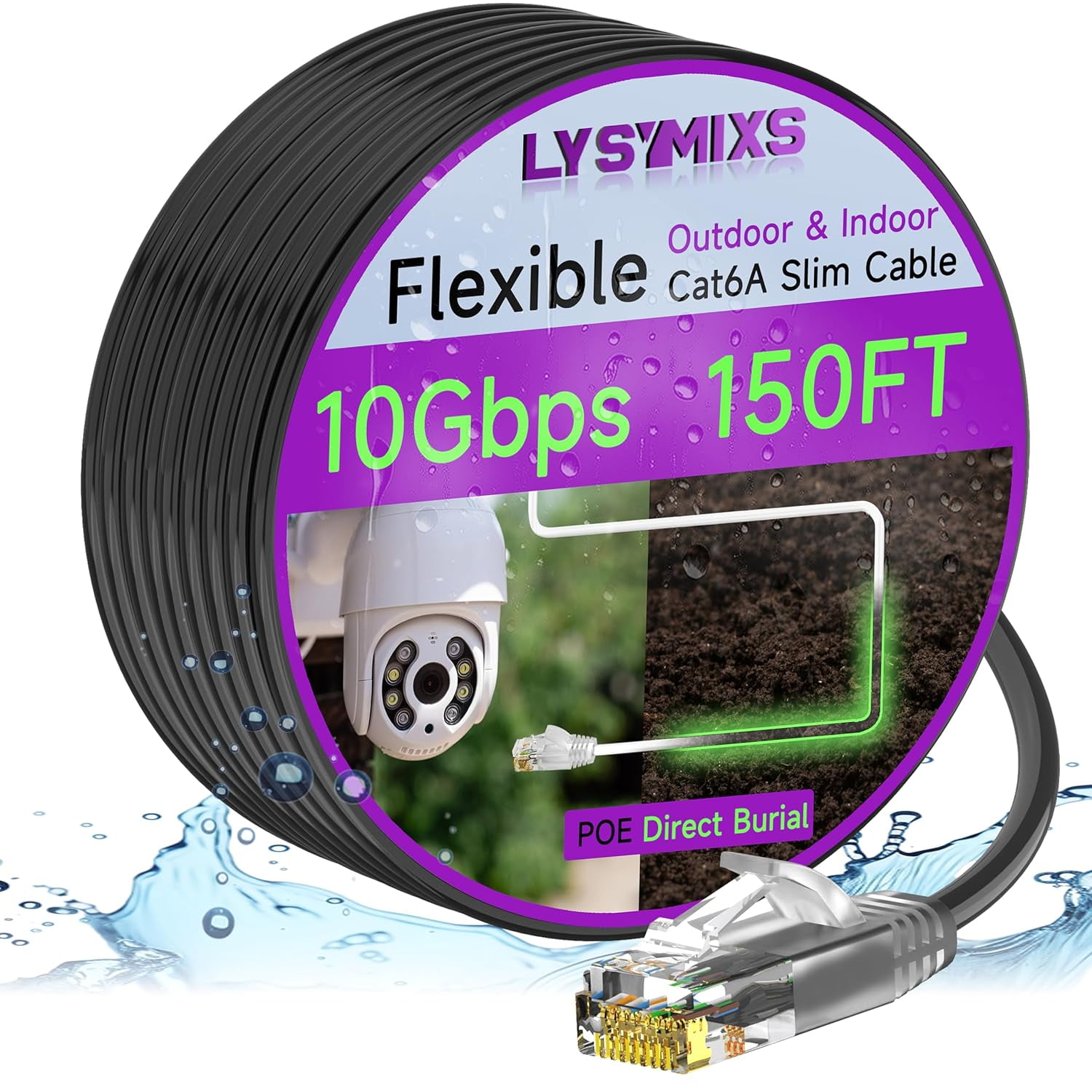 XUERUI-Cat6a Slim Ethernet Patch Cable 150ft Outdoor & Indoor, Flexible 10G Cat6 Internet Network Cable Waterproof LLDPE UV Jacket, Pure Copper Cat 6 Ethernet Cable for POE, Black