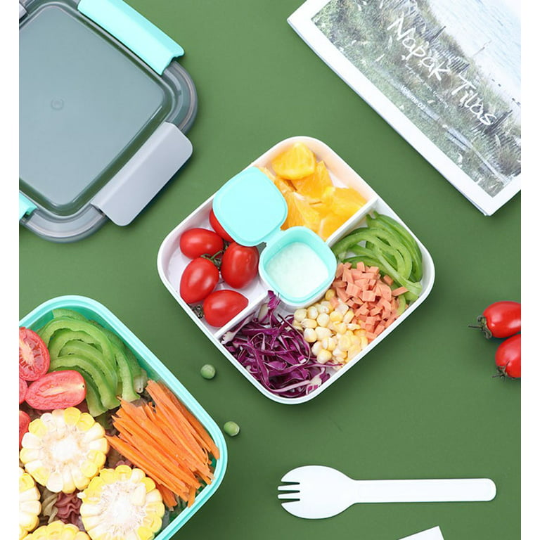 Bokzen Fresh Salad Lunch Container with Built-in Ice Pack Salad Bowl and 4 Compartments Tray + Dressing Container for Salad Toppings and Snacks Lunch
