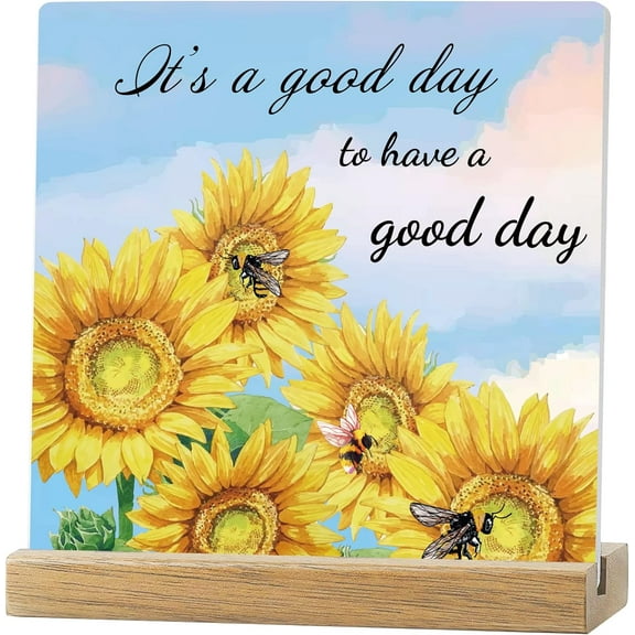 Sunflower Inspirational Quotes Desk Decor Gift It's A Good Day Office Decor Ceramic Plaque Positive Table Sign Encouragement Cheer Up Gift with Wooden Stand