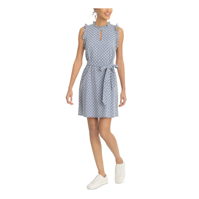 LONDON TIMES Robe Midi de Soirée Sans Manches à Encolure Bénitier Florale Transparente Bleue pour Femmes 10P