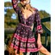 thumbnail image 4 of Vestido corto elegante con estampado floral morado de algodón de TEELYNN para mujer, manga larga, cuello en V, estilo bohemio, para otoño, 2020, 4 of 5