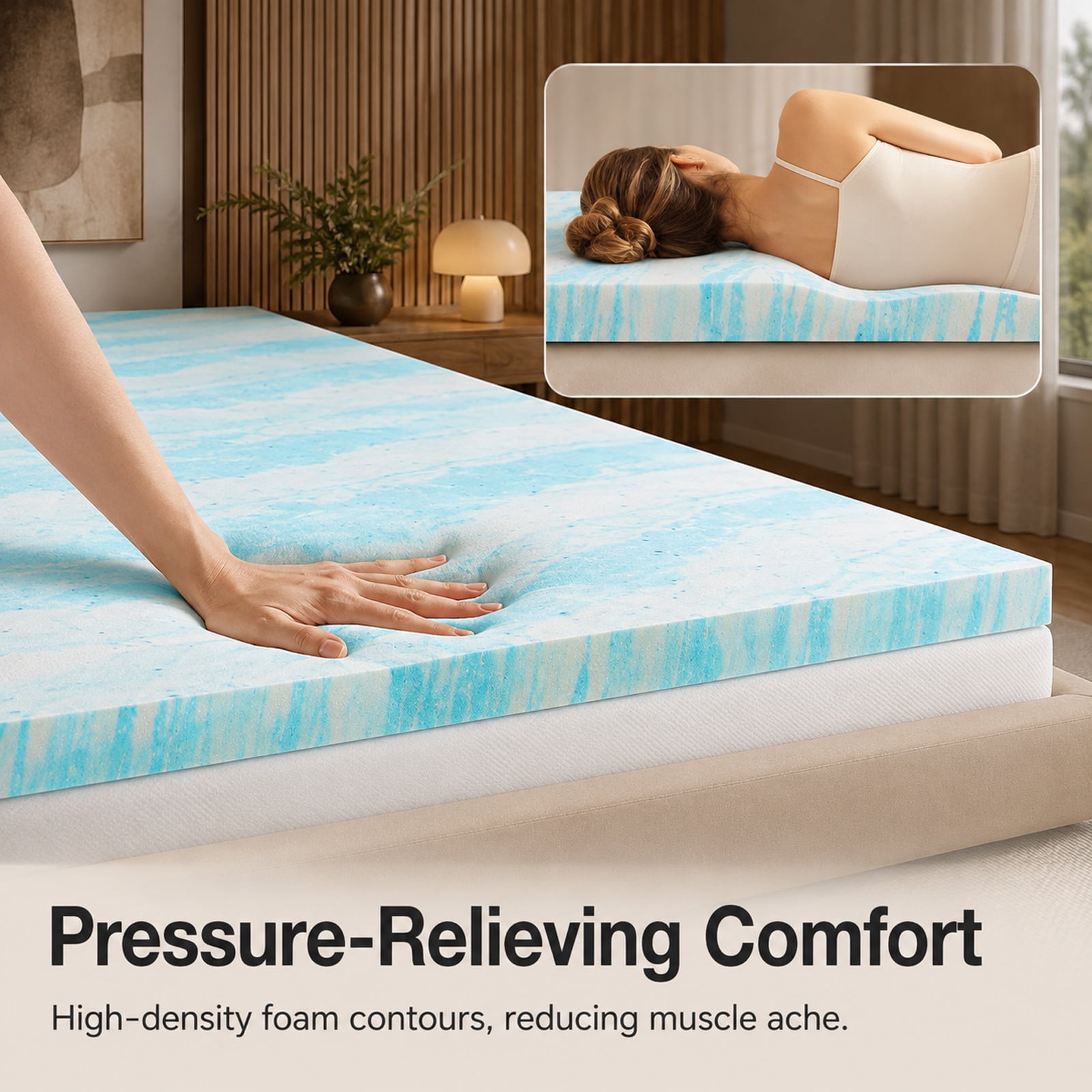 Alvantor 4" Cooling Gel Memory Foam Mattress Topper, Ventilation Holes, Pressure Relief & Breathable Comfort Bed Topper