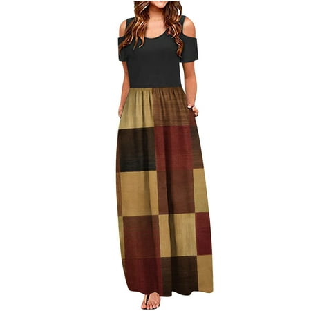 

Women Short Sleeve Loose Plain Casual Color Block Printed Off Shoulder Boho Long Maxi Dresses with Pockets