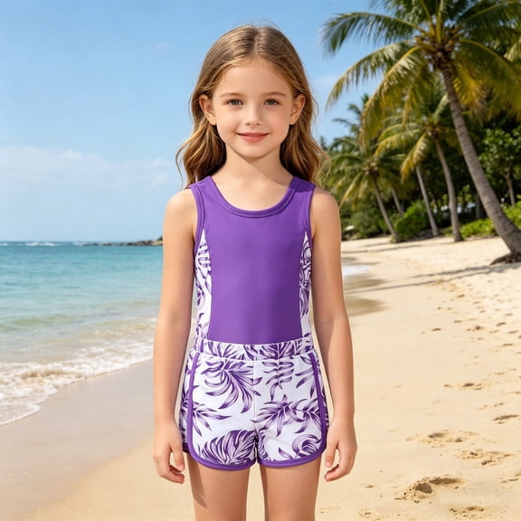 sususu Girls Swimsuit Two Piece Swimsuits with Boyshort Ruched Bathing Suit Floral Set Girls' Swimwear Purple 4Y