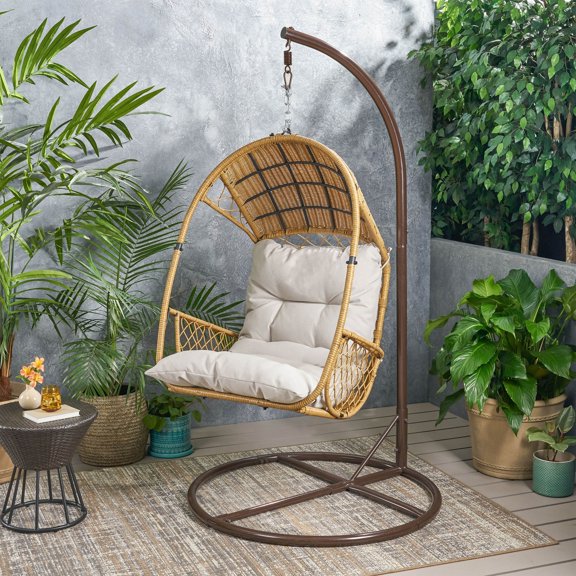 Christopher Knight Home Malia Wicker Hanging Chair with Stand by  Light Brown/Brown/Beige