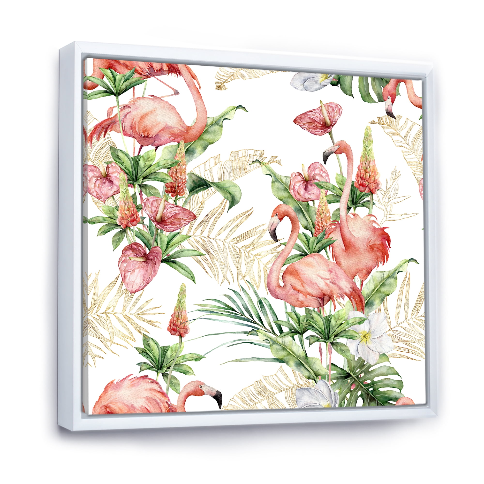 Designart 'Tropical Flowers & Gold Leaves With Pink Flamingos' Traditional Framed Canvas Wall Art Print