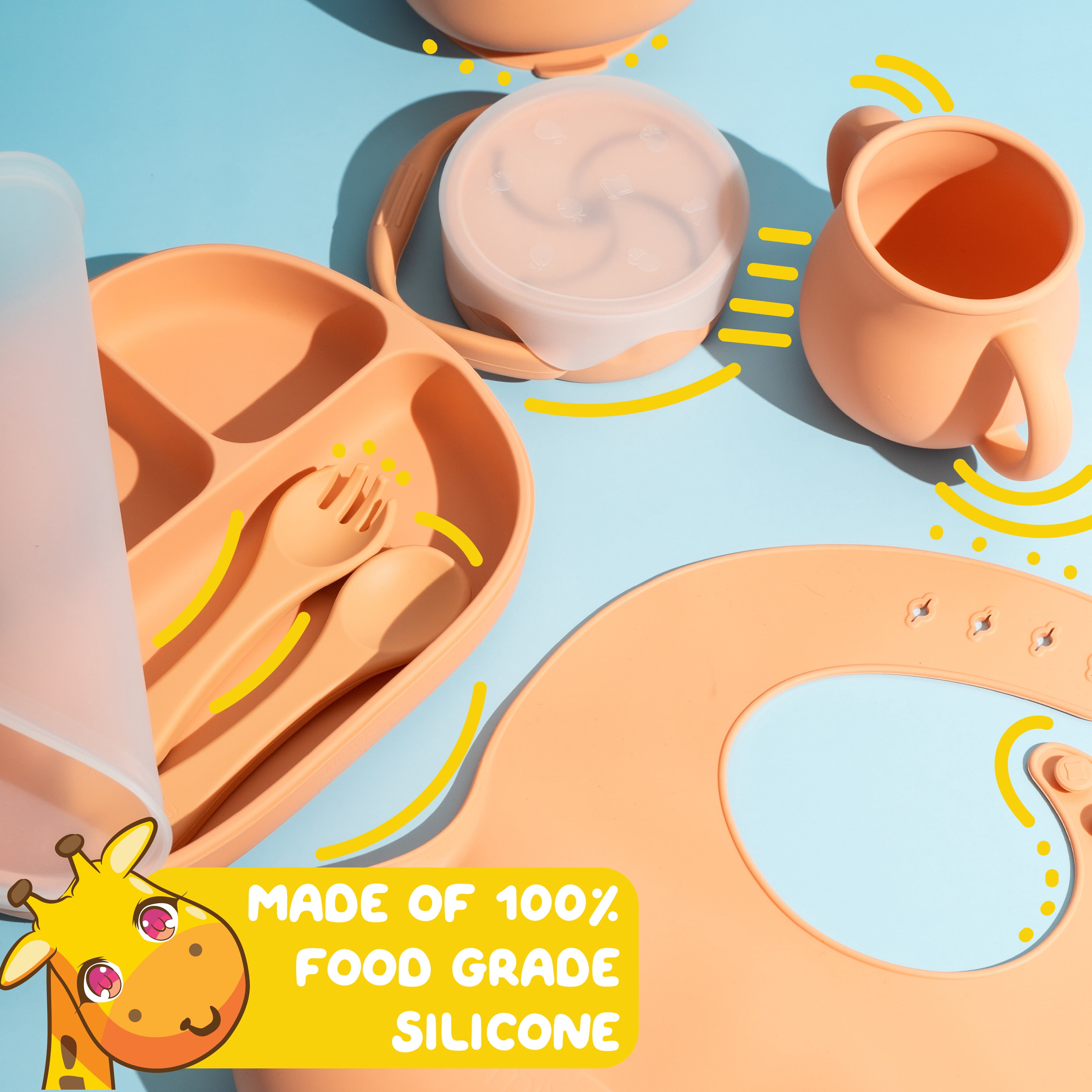 Muqee Peeko Feeding Supplies for Toddlers Silicone with suction - 7 Piece Set in Baby Apricot Color - Baby feeding spoon plate and bowl for first stage with suction