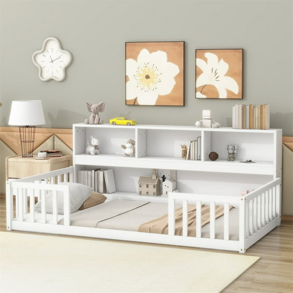 Twin Size Floor Bed with Bedside Bookshelf and Shelving, Multi-Purpose Platform Bed with Guardrail, Wooden Montessori Storage Bed