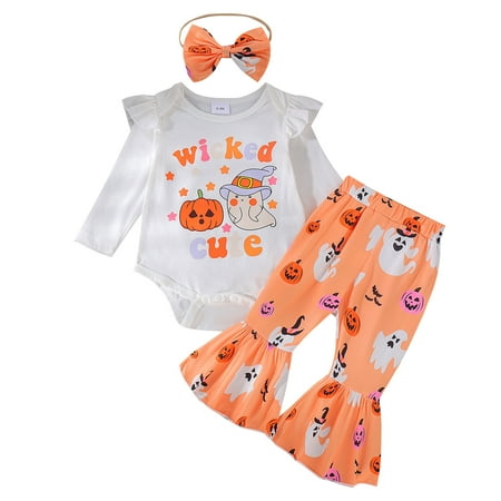 Landzoo Halloween Newborn Girls Outfit Set Graphic Print Long Sleeve Crew Neck Romper With Bowknot Headwear Flared Pants Set Girls Autumn Daily Comfortable Outfit Size 0-3 Months Yellow