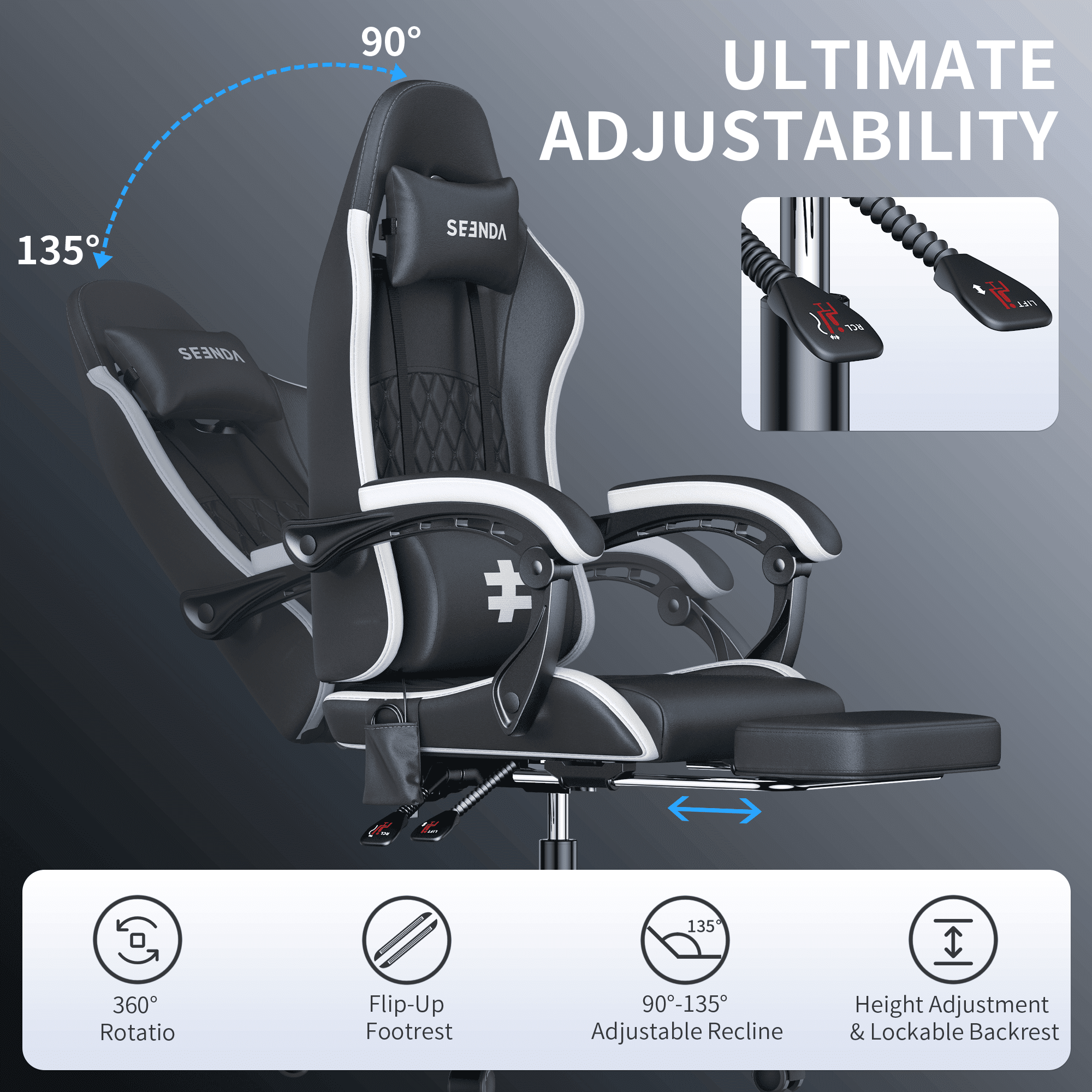 Seenda Massage Gaming Chair, Fabric Office Chair Ergonomic Desk Chair, Video Game Chair with Footrest and Massage Lumbar Support, High Back Computer Office Chair with Headrest, 275Lbs, Black