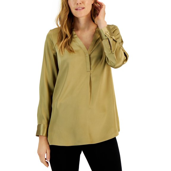 Alfani Womens Satin Half Placket Blouse Champagne S