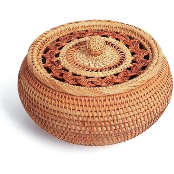 Round Woven Basket, 9.1 in Handmade Rattan Basket, Small Wicker Storage Box with Hollow Lid, Multipurpose Decorative Organizer for Living Room, Entryway and Kitchen