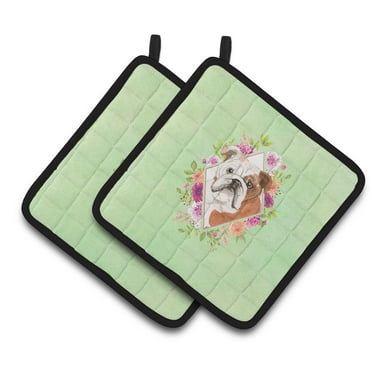 English Bulldog Green Flowers Pair of Pot Holders