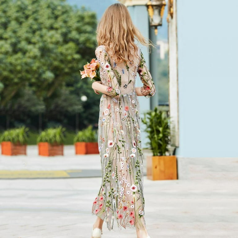 Women Elegant Embroidery Floral Mesh Long Dress Summer Cocktail Maxi Dress