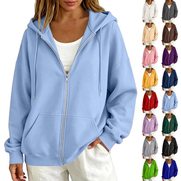 Women's Lightweight Full Zip Hoodie Long Sleeve Sweatshirt Casual Drawstring Comfy Track Jacket with Pocket for Daily Wear