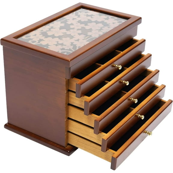 Functional 6-Tier Jewelry Box Organizer with 5 Drawers, Wood Jewelry Storage Case, Suitable for Women, Girls, Ring, Necklace, Earring and Bracelet Holder Organizer