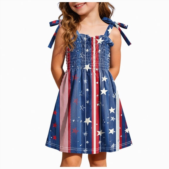 KPOPLK Girl's 4th of July American Flag Clothes Dress Sleeveless Patriotic Outfit Clothes Sundress Summer Dresses 1-10 Years(4-5 Years,Brick Red)
