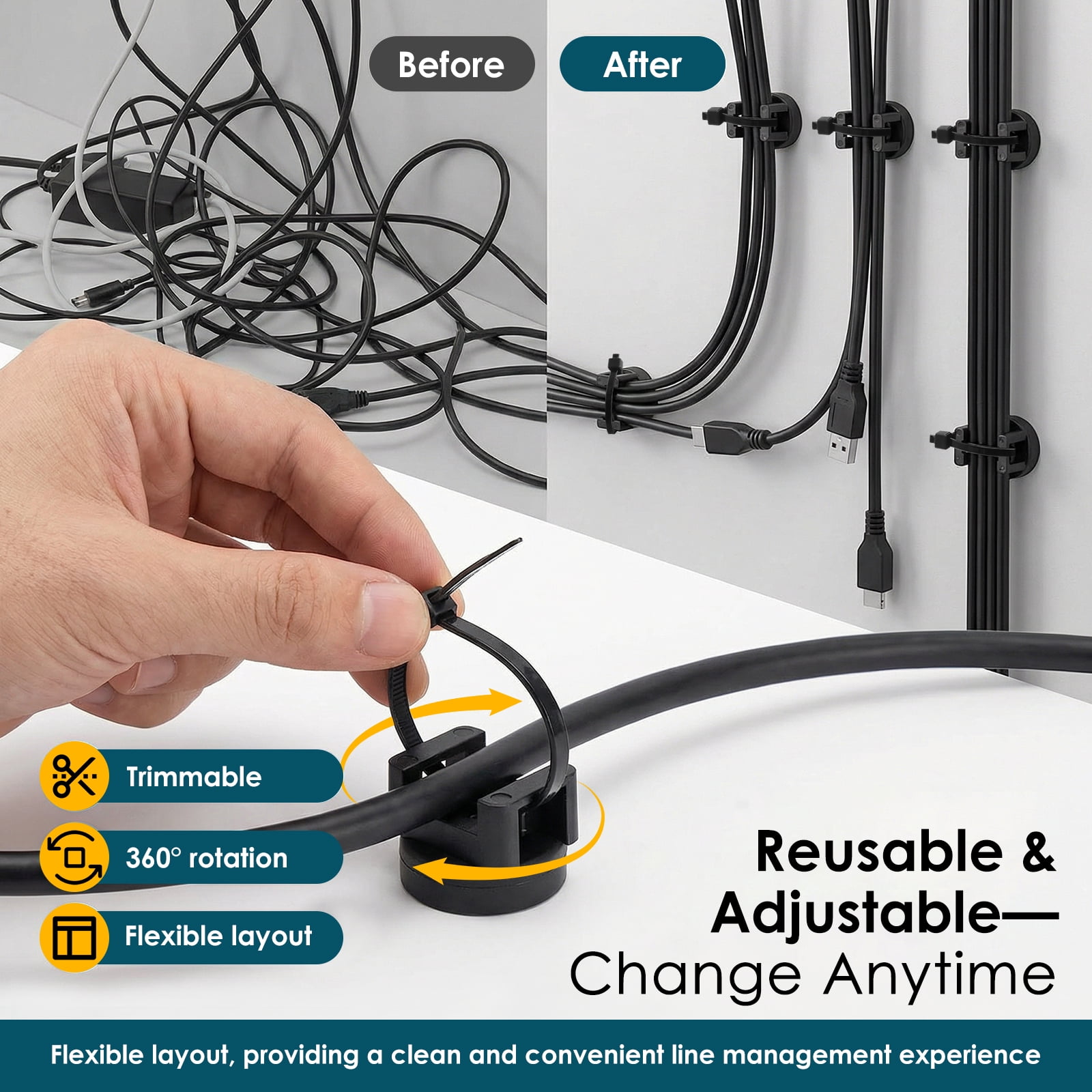 Grusce Magnetic Cable Ties Set, 25 Magnetic Tie Mounts with 200 Cable Ties, Wire Holder Cables Management, Multipurpose Electrical Cord Holders Organizer for Home Office