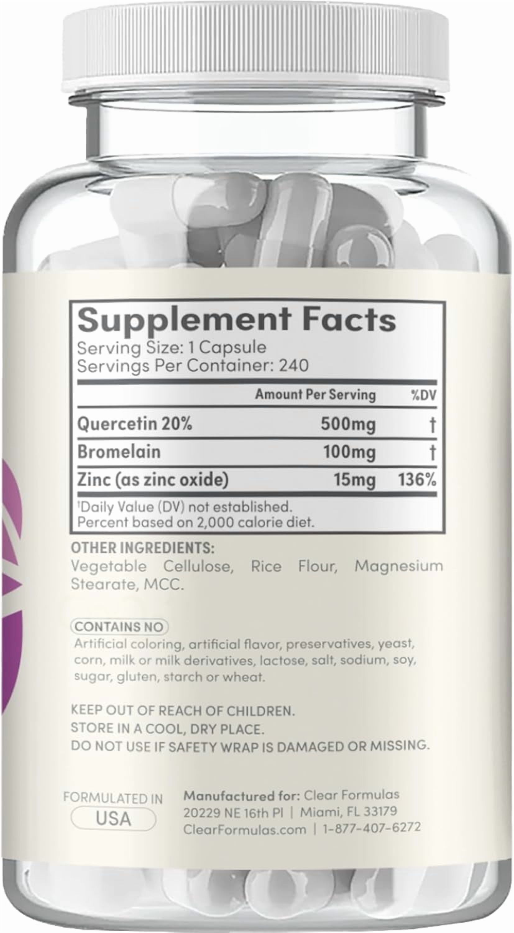 Clear Formulas Quercetin with Bromelain and Zinc Supplement Capsules 500mg, Immune Support, 240 Count