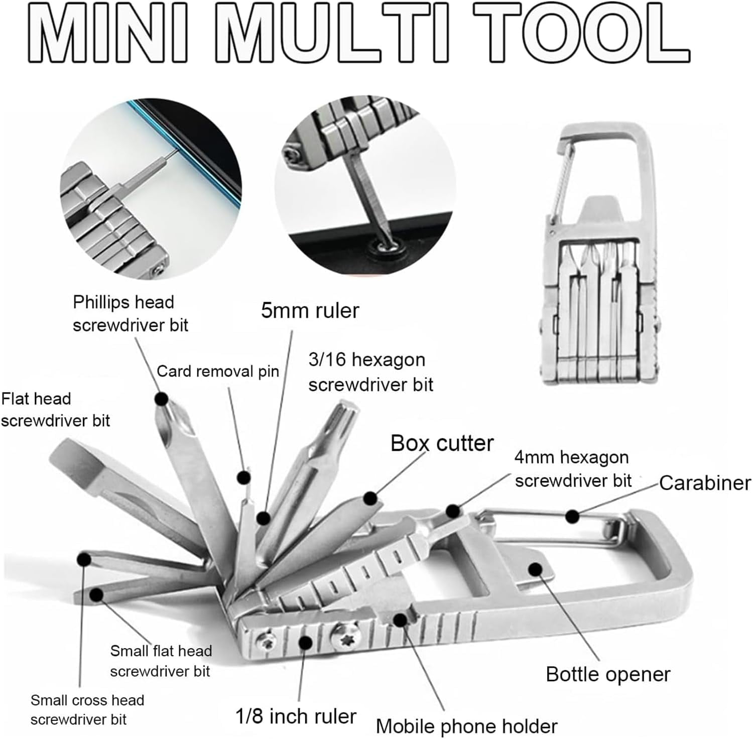 ABCISI 12 in 1 Mini Multi Tool, Portable Keychain Multitool Hardware Bit with Bottle Opener&Phone Holder&Screwdriver for Daily Maintenance, Compact Pocket Size for Outdoors Camping Hiking Cycling