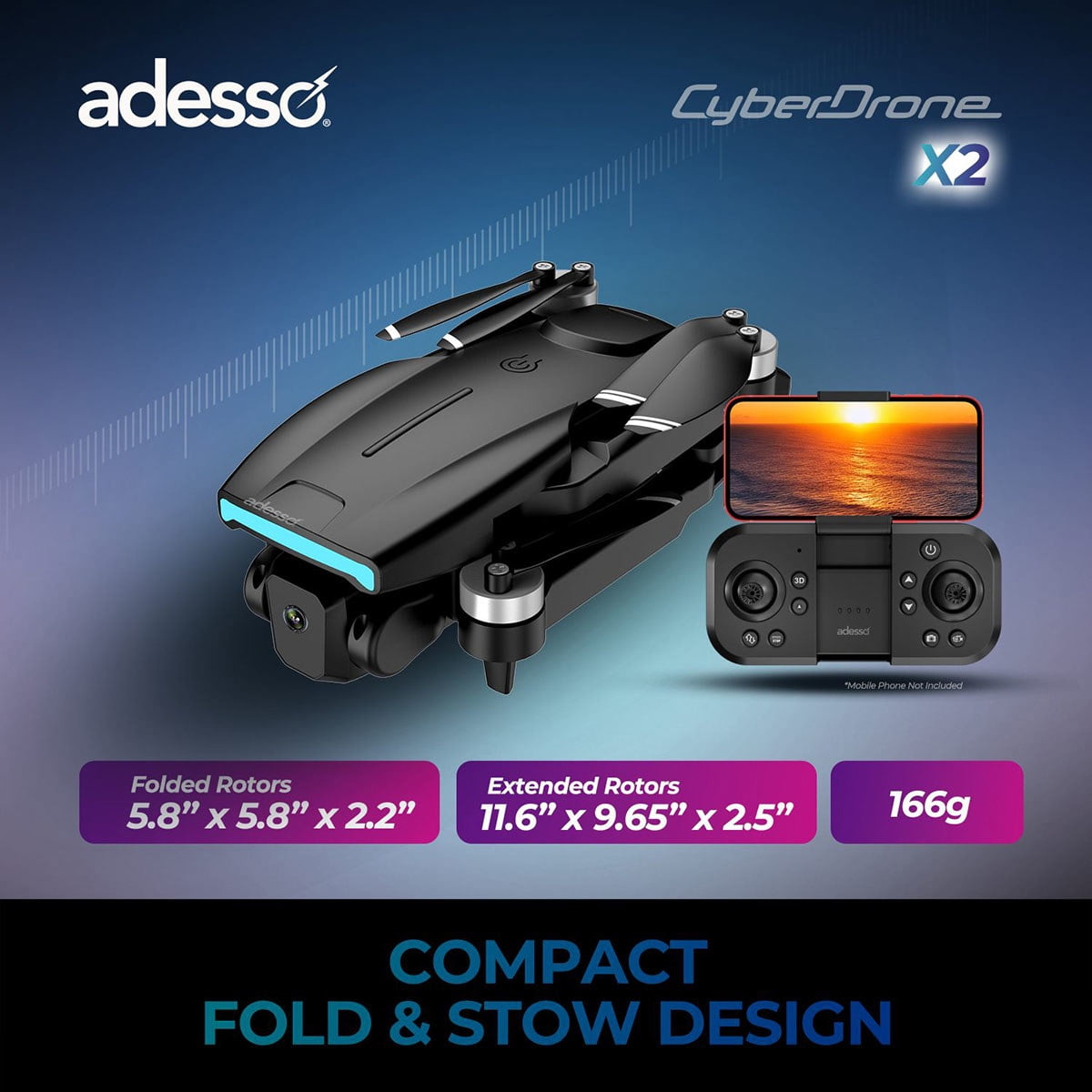 Adesso CyberDrone X1 Lightweight Remote Controlled Drone with 2.4GHz Controller Altitude Hold Headless Mode 3D Flips 720P Camera Beginner Friendly