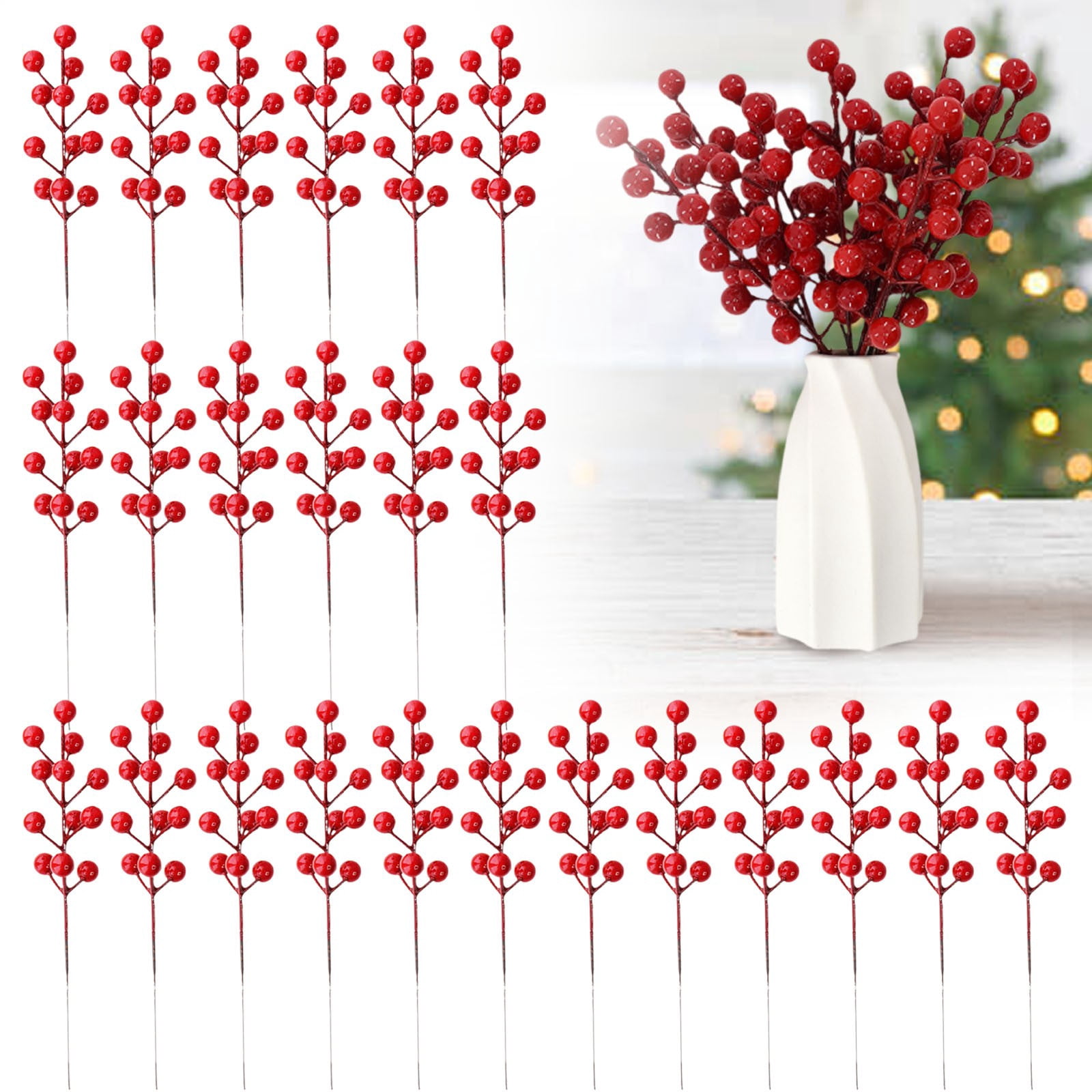 Branches De Baies Rouges Artificielles - Déco De Noël Festive Pour Sapin, Couronnes Et Centre De Table - Lot De 20 Tiges De 7,8 Pouces - 5