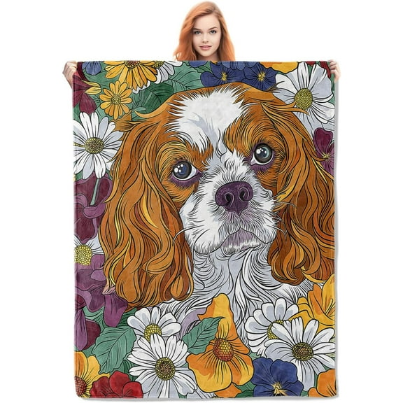 Cavalier King Charles Spaniel Blanket Gifts for Women Girls Lovers Soft Warm Lightweight Cozy Plush Cute Floral Animal Dog Throw Blankets for Bedroom Living Room Sofa Home Decor 60"x50"