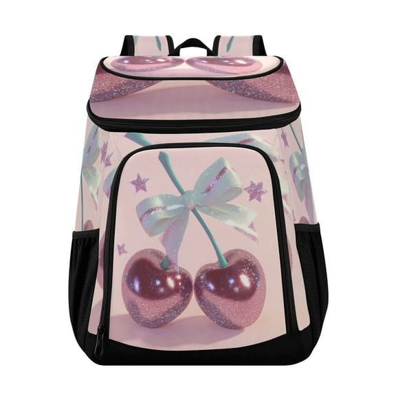 36 Can Capacity Insulated Backpack Cooler Lunch Bag for Picnics, Camping Pink Large Cherries