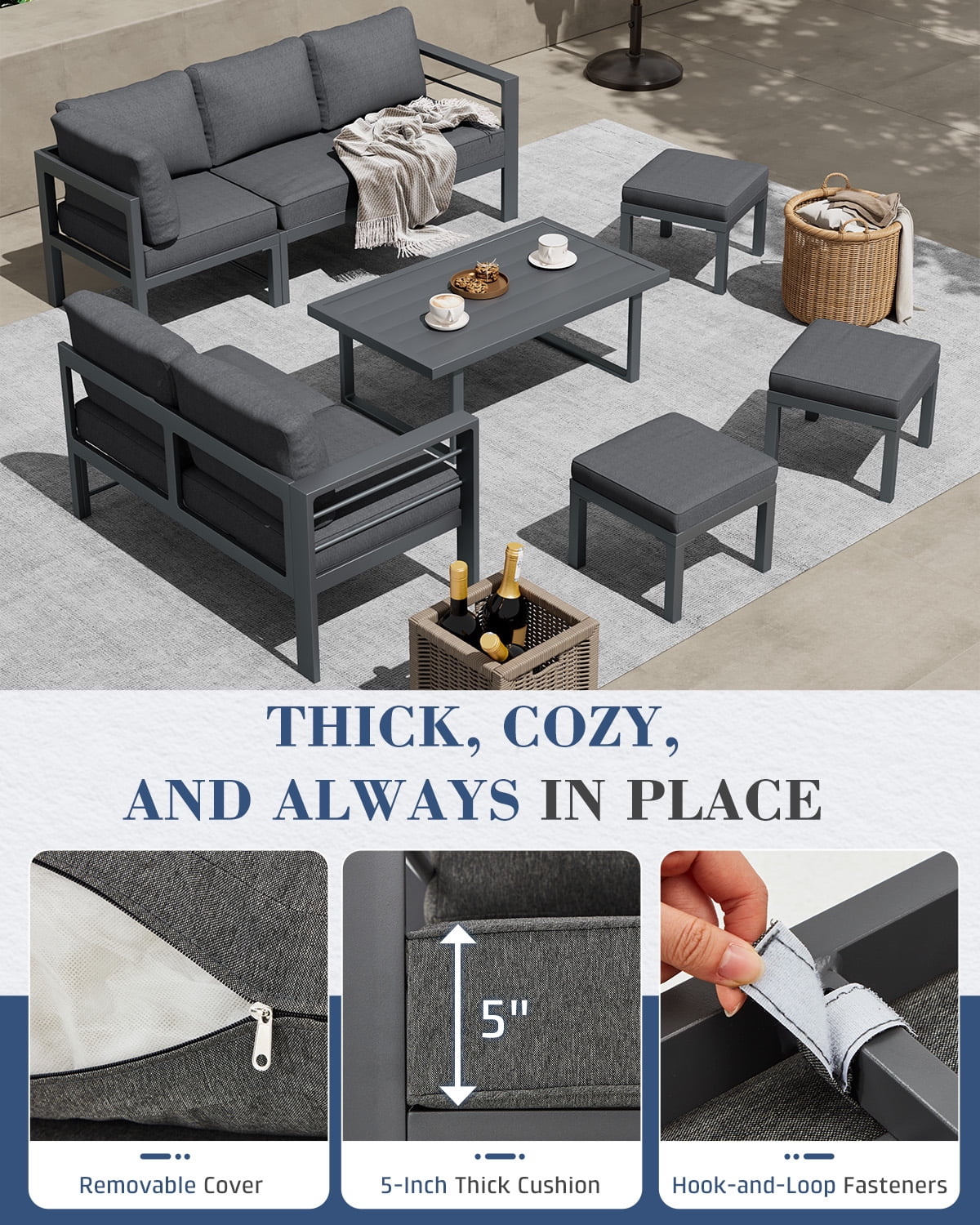 AECOJOY Outdoor Furniture Sets Clearance, Aluminum Patio Furniture Sets on sale, Metal Patio Sets, Outdoor Conversation Sets, Outdoor Sectional Sofa for Lawn, Dark Grey
