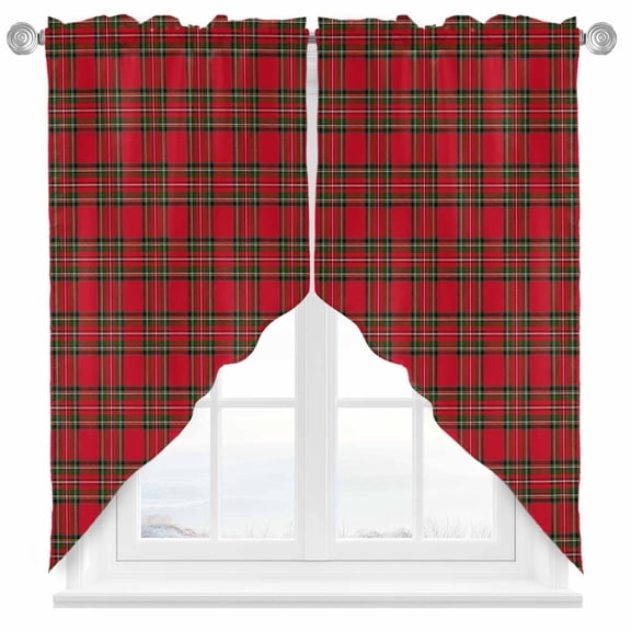 Swag Curtains Valances for Windows, Red Green Plaid Christmas Short Kitchen Window Curtains Over Sink, Vintage Rustic Checkered Cafe Curtains Panel Set Of 2,Rod Pocket, 63 Inches Length