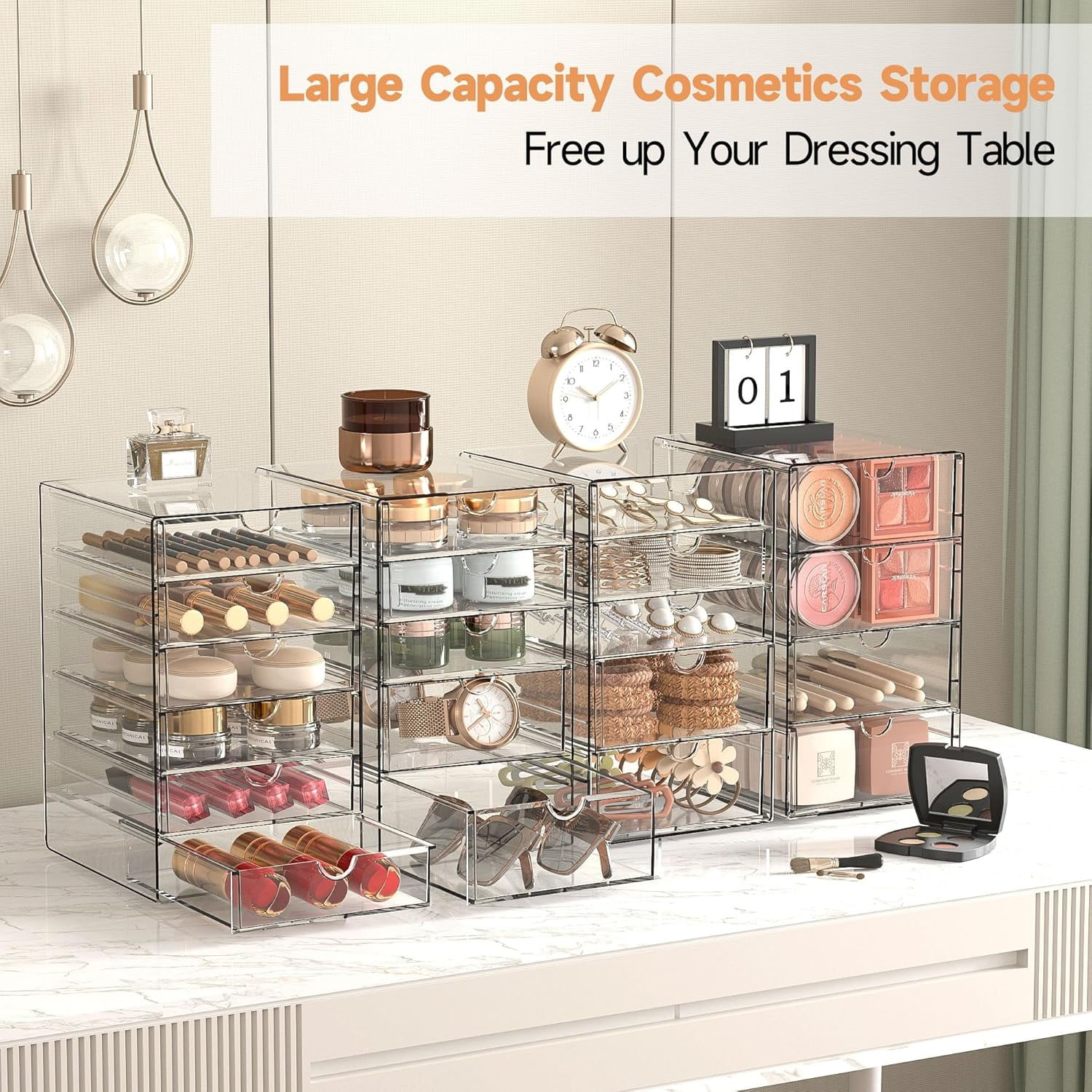 Makeup Drawer Storage Organizer with 20 Drawers, 4 Set Acrylic Office Desk Organization and Storage, Dustproof Drawer Organizer for Office, Countertop, Bathroom, Bedroom