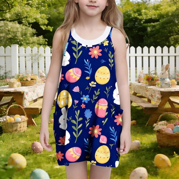 ATOGUTA Girls Casual Dresses Casual Summer Spaghetti Straps Easter Romper Dresses with Pockets for Kid Size 3T-10. Multicolor